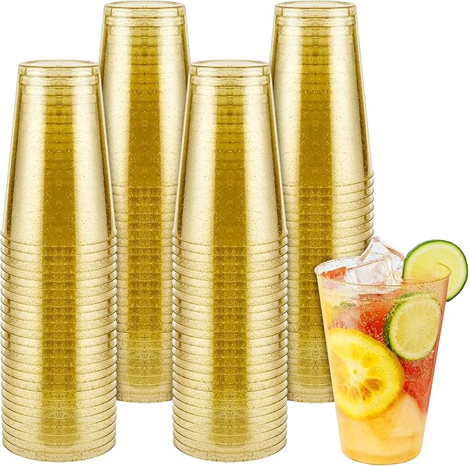 14oz Gold Glitter Plastic Cups, 100pcs Gold Cups Disposable, Elegant Plastic Cocktail Glasses, Fancy Party Cups for Wedding, Birthday, Holiday