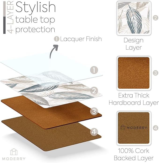 Set of 4 Heat Resistant Cork Placemats for Dining Table with Free Set of 4 Matching Drink Coasters Marble Design 16 x 12 Inches Cork Backed Hard Placemats (Farmhouse Rustic Leaves)