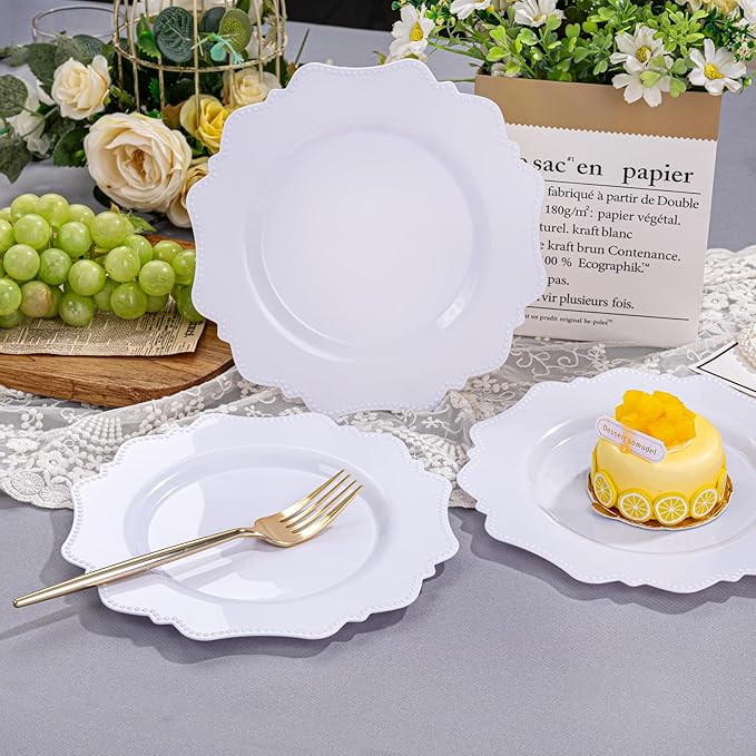 COLOSUS 100pcs 7.5 Inch White Plastic Dessert Plates,Heavy Duty Disposable Appetizer Plates,Premium Plastic Salad Plate,Fancy Disposable Cake Plate for Party, Thanksgiving and Everyday Use