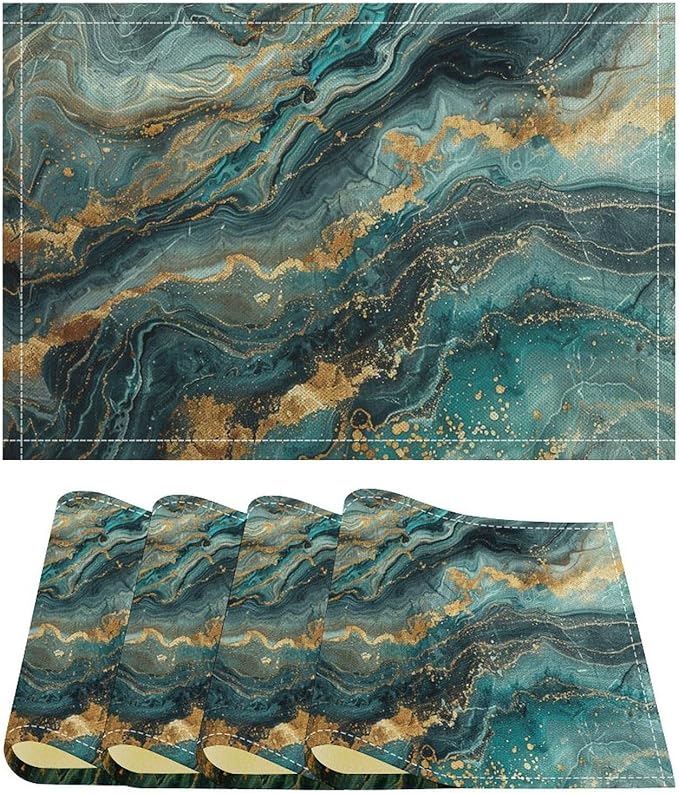 Marble Linen Place Mats Set of 4, 12x17 Inch Modern Abstract Foil Stone Texture Teal Gold Marble Washable Fabric Non-Slip Placemats for Home Dining Table Banquets Party Kitchen Decoration