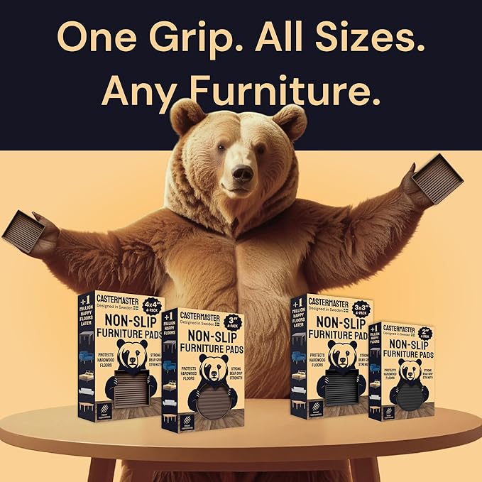 CasterMaster Anti Slip Furniture Pads & Caster Cups - 2" x 2" Black (Pack of 4) - Couch Leg Floor Protectors for Hardwood, Tile & Vinyl Floors - Rubber Feet & Floor Protectors for Chairs