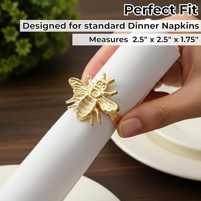 ALPHA Living HOME Decorative Bee Napkin Rings - 12 Pcs Premium Metal Napkin Rings Table Decor Napkin Ring, Dining Cloth Napkin Holder for Wedding, Party, Christmas, Everyday Dining (Gold)