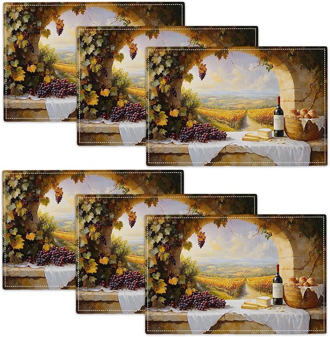 Wine Placemats Set of 6, French Country Grape Place Mats, Grapes Waterproof Washable Table Mats for Home Party Indoor Kitchen Dining Table Decoration 12x18 Inch