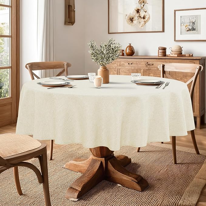 JIUZHEN Round Textured Table Cloth Linen Wrinkle Free Stain Resistant Farmhouse Decorative Circular Tablecloth for Kitchen, Dining, Party, Wedding, Outdoor Use (50 Inch Round,Champagne)