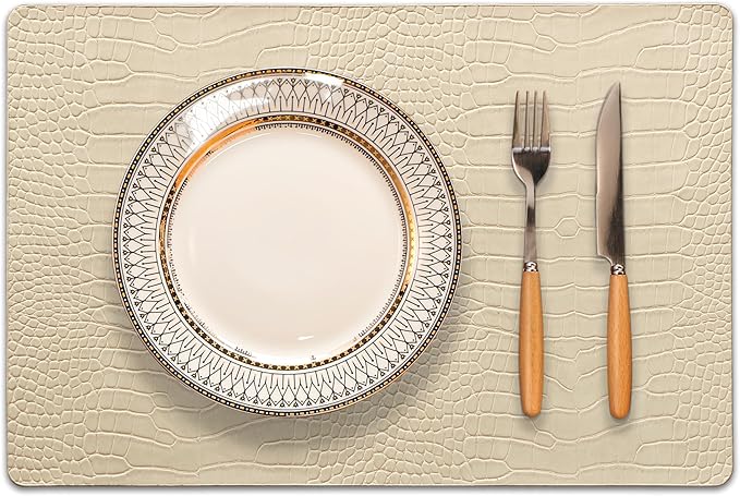Jovono Faux Leather Placemats Set of 6, Waterproof & Heat Resistant Dinner Place Mats for Dining Table, Non-Slip Crocodile Embossed, Beige (17.8x11.8 Inch)