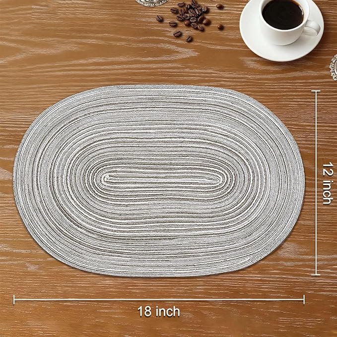 Noctiflorous Oval Braided Placemats Set of 6 Woven 12x18 Inch Non Slip Washable Heat Resistant Place Mats Round Tablemats for Dining Kitchen Party Daily Table Decor Dinner Mats (Gray, 6)