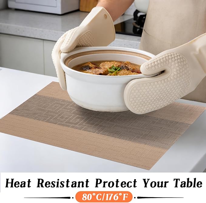 Timeet Placemats Set of 4, Heat Resistant Non-Slip Place Mats for Dining Table, Durable Washable PVC Vinyl Woven Table Mats, Resistant Kitchen Placemats Easy to Clean(Beige & Gray