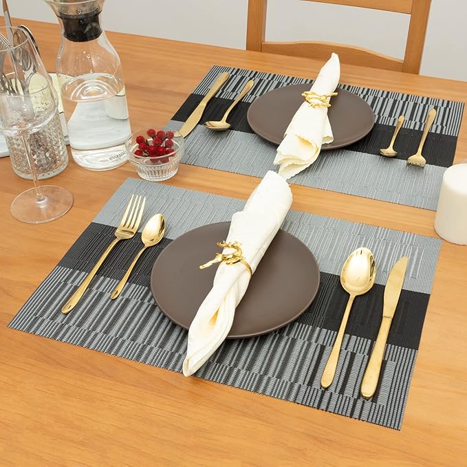 Winknowl Placemats Set of 6, Heat Resistant Non-Slip Vinyl Woven Table Mats for Dining Table, Washable Durable Elegant Place Mats for Kitchen Indoor/Outdoor Use (Black)