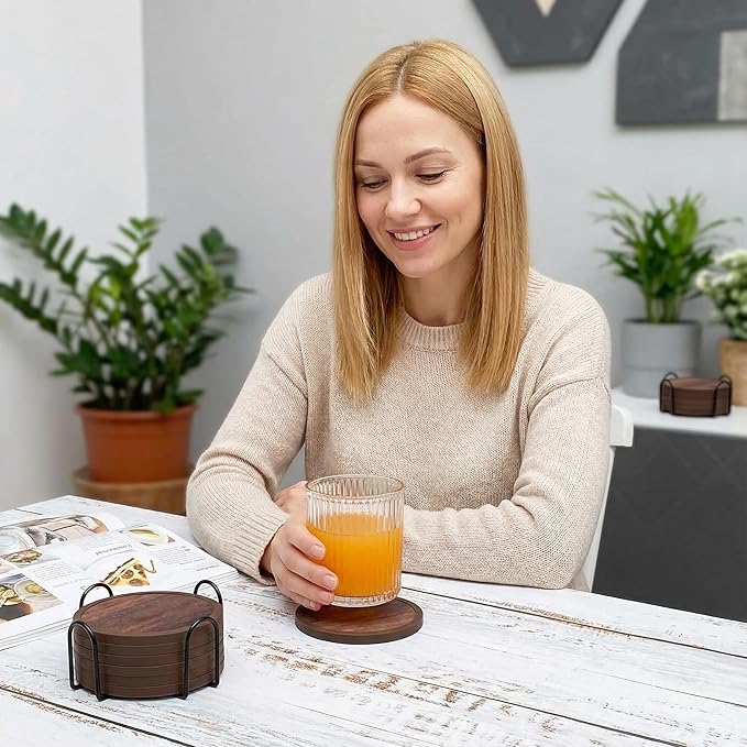 Absorbent Coasters for Drinks with Holder - 6packs, Silicone Coaster with Soft Felt Insert (4.3 inch Coasters with 4.5 inch Holder, Wooden Style)