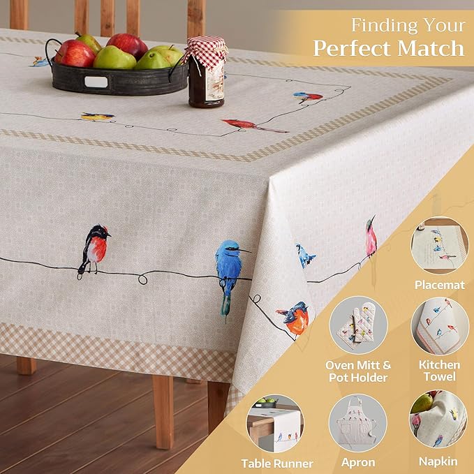 Maison d' Hermine Table Cloth Rectangle Table 100% Cotton 60 x 90 Inches Tablecloth Reusable Decorative for Dining Room Farmhouse Home Valentines Day Decorations Spring Summer - Birdies on Wire