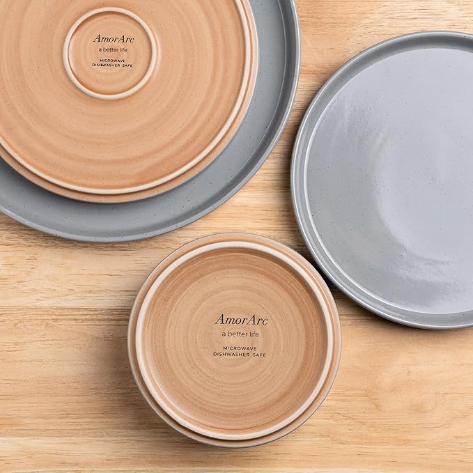 AmorArc Ceramic Dinnerware Set for 6 | Speckled Stoneware Plates and Bowls with Rustic Terracotta Underside| Scratch Resistant,Dishwasher & Microwave Safe Dishes Sets- 18pcs Gray