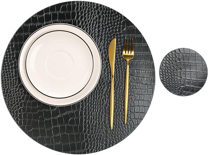 Round Leather Placemats for Round Tables Set of 6, Black Table Place Mats and Coasters, Washable Easy to Care for Indoor Decor 13" Diameter