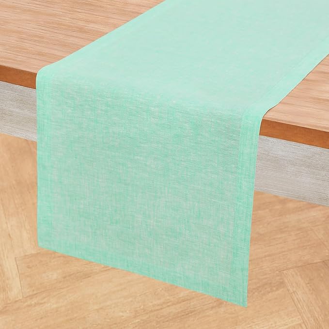 Solino Home Linen Table Runner 90 Inches Long - Athena, 100% Pure Linen Chambray Aqua Dining Table Runner 14 x 90 Inch for Winter, Spring, Easter