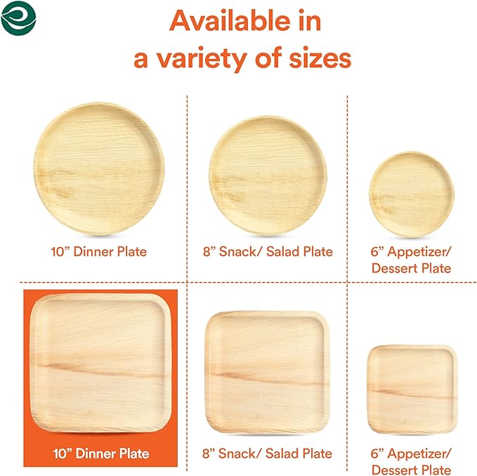 ECO SOUL Palm Leaf Disposable Bamboo Plates 10" Square Compostable & Biodegradable Party Plates for Dinner, Weddings, Parties & Events 200 Count
