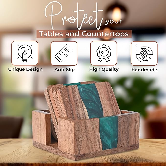 Rustic Wood Coasters Set of 4, Epoxy Resin, 4x4 Inches, With Holder
