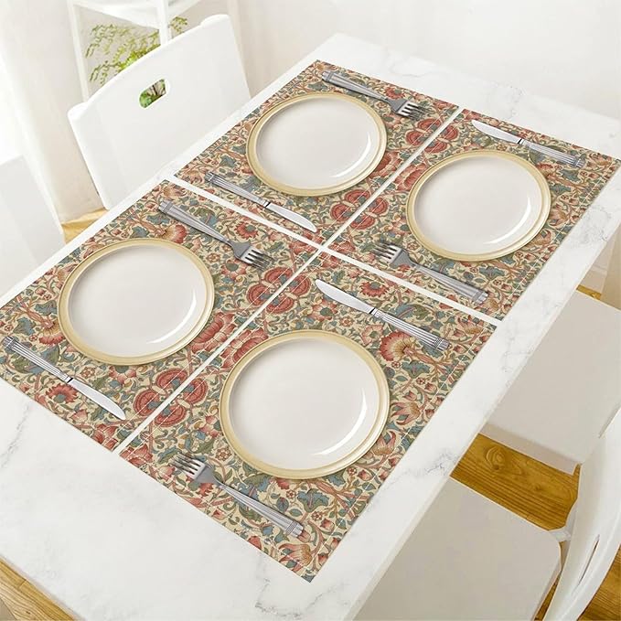 William Morris Placemat Set, Beige Blue Pink Retro Rustic Art Exotic Ethnic Lotus Floral Seamless Pattern Home Decor Linen Table Mats for Dining Room Kitchen Party (17x12in) x6P