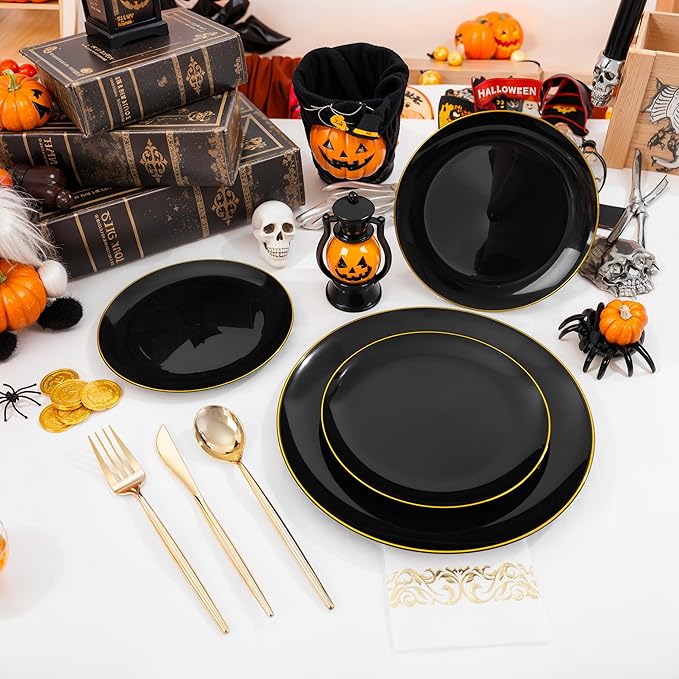 MirthMood 350Pcs Black and Gold Disposable Plates,Black Plates, Black and Gold Plates Include 30 Dinner,Dessert Plate,30 Cup&30 Napkins, 90 Gold Silverware for Wedding & Party & Birthday & New Year