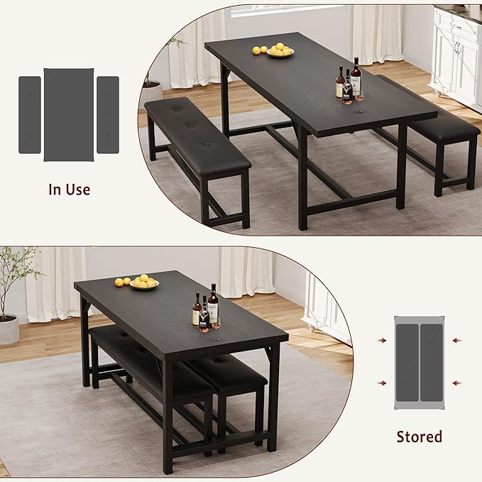 IDEALHOUSE 3-Piece Dining Table Set for 4-6 People, 63" Large Extendable Kitchen Table Set w 2 Soft Benches, Easy Assembly, Space Saving for Apartment, Small Space, Black
