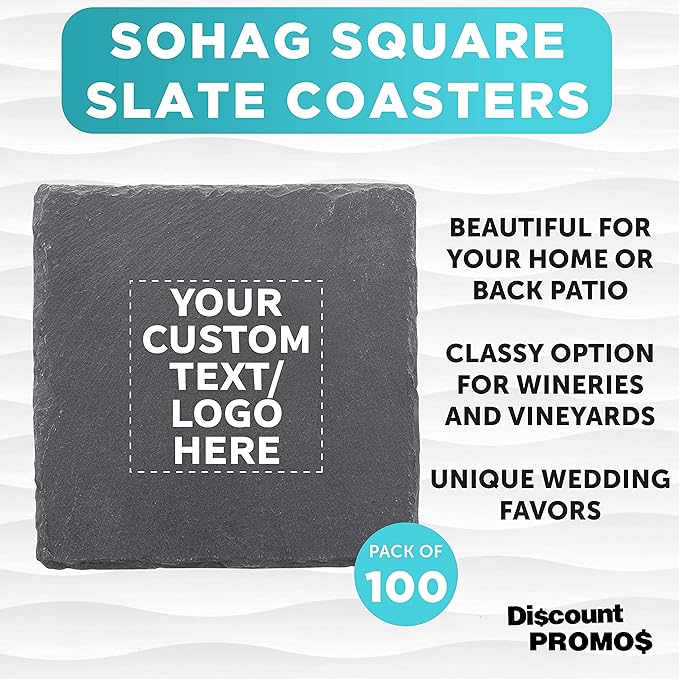 Custom Sohag Square Slate Coasters Set of 100, Personalized Bulk Pack - Table Decor, Kitchen Decor, Wedding Favors - Black