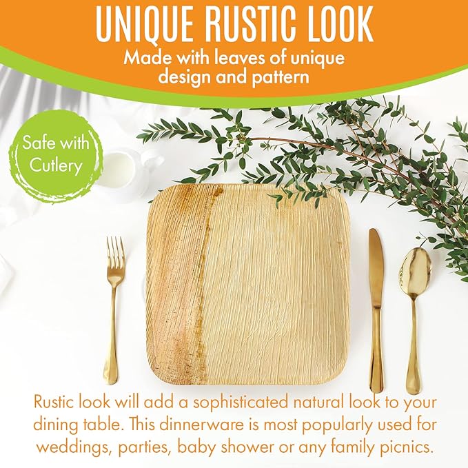Raj Palm Leaf Plates Bulk [50-Pack] 7" Square Plates(5 CASES - 250 PACK) like Bamboo plates Disposable, Strong, Decorative Compostable Tableware for weddings, Lunch, Dinner, Birthday, Camping