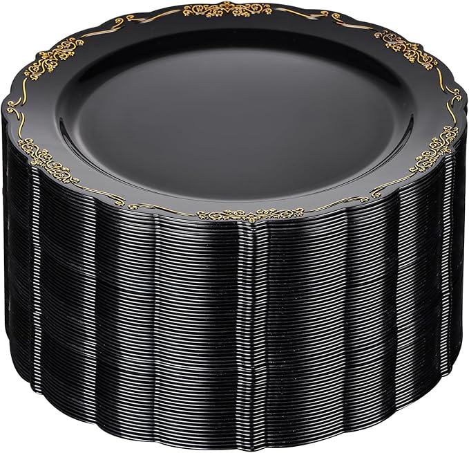 DaYammi 60PCS Black and Gold Plastic Plates, Heavy Duty Black and Gold Disposable Plates Premium 10inch Dinner Plate Hard Plastic Plate Disposable for Party and Wedding