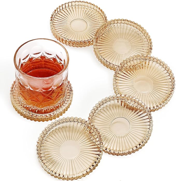 Vintage Glass Coasters, GOH DODD Set of 6 Crystal Coasters Tabletop Protection for Drinks, Home Decor, Kitchen, Living Room, Patio, Wedding, Party, Housewarming Gifts, Amber