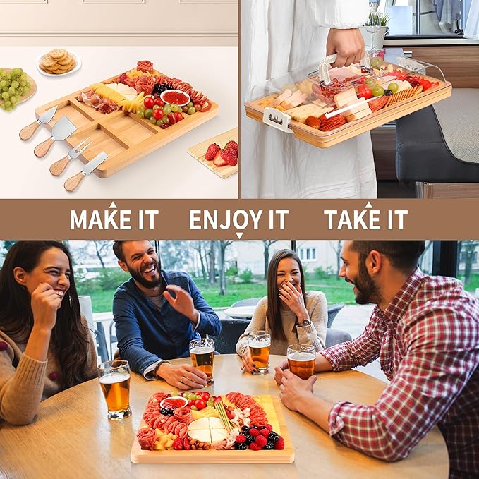 Charcuterie Board with Lid and Handle - Portable Travel Design Bamboo Cheese Board Set with 4 Cheese Tools, Gift for Housewarming, Weddings, Picnics(8 Compartments, White)