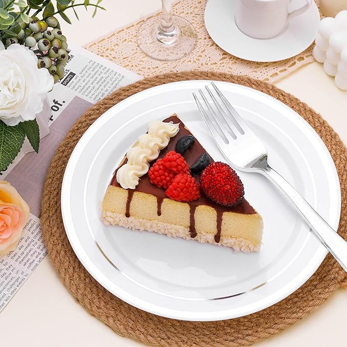 BESTSTAR 7 Inch White Plastic Plates,100PCS Disposable Dessert/Appetizer/Small Cake Plates with Silver Rim,Heavy Duty Plate Ideal for Christmas, Wedding and Birthday