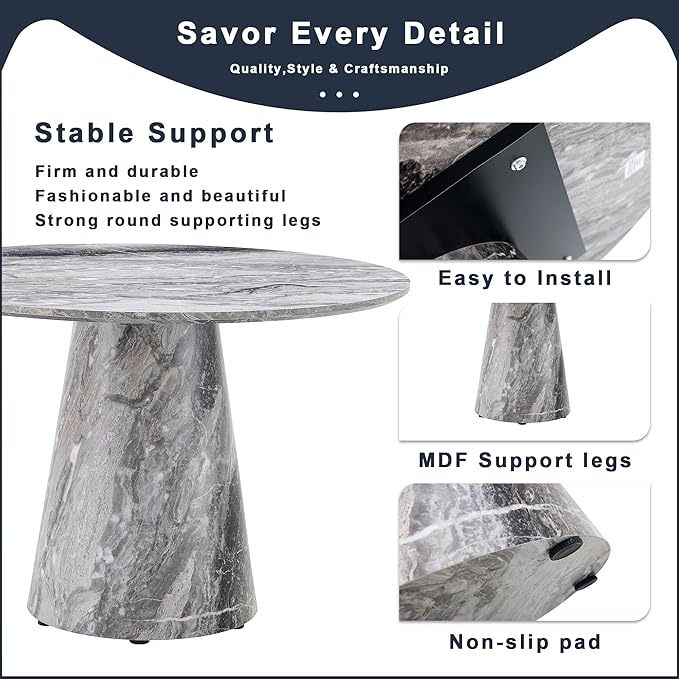 Round Dining Table Set for 6, 45" Modern Faux Marble Kitchen Table and Upholstered Chairs, 7 Piece Circle Dinner Set for Dining Room, Kitchen (Marble Gray Set)