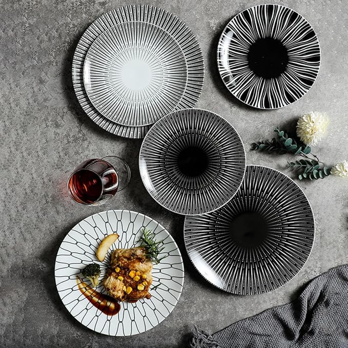 Cabilock 10-inch Dinner Plate and Dessert Dish Ceramic Pasta Serving Plate with Dark Striped Pattern for Home and Restaurant Use