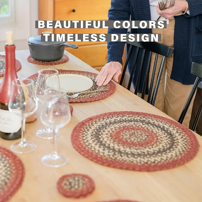 Homespice Chester Jute Braided Trivets for Table, Warm Lodge and Cabin Decor, Set of 3, Red 8" Round Heat Resistant Mats - Rich Colors, Easy to Clean, Durable and Protects Furniture