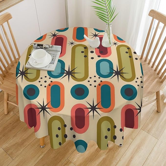 Mid Century Bohemian Round Tablecloth, Modern Medieval Geometric Abstract Print Tablecloth for Home Party Dining Room Kitchen Decor 60Inch(152cm)
