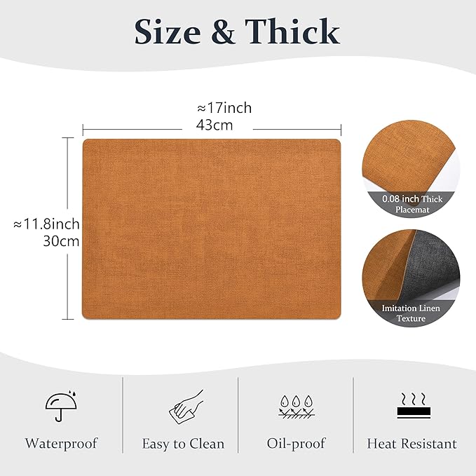 FROMHEART Faux Leather Placemats Set of 6–Waterproof,Heat/Oil Stain-Resistant PU Table Mat–Reversible,Non-Slip,Easy to Clean Place Mats for Kitchen,Dining,Indoor/Outdoor,(Orange-Grey,11.8" x 17")