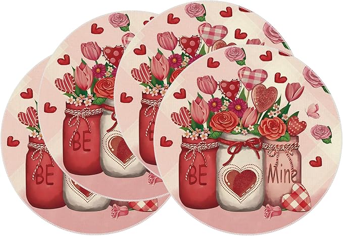 XCHI Roses Flowers Love Hearts Vase Valentine’s Day Round Placemats Set of 4 Table Mats for Party Home Kitchen Dining Table Decorations 14x14 Inch