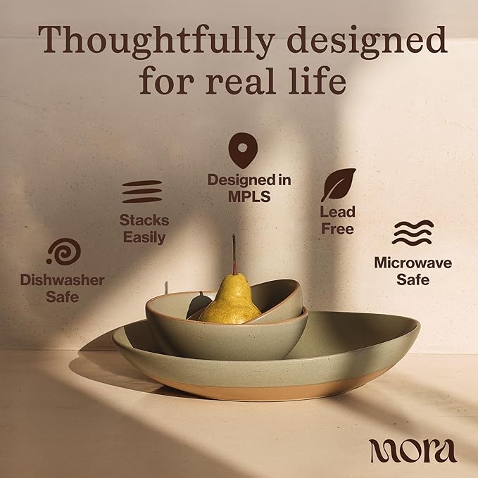 MORA Mega and Giant Serving Dishes Set of 2, 16 inch and 14 inch Ceramic Pottery Oval Platters - Microwave, Oven and Dishwasher Safe - Thyme & Mushroom