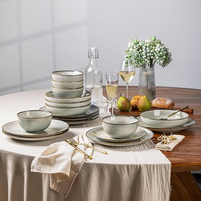 GBHOME 24 Pieces Ceramic Dinnerware Sets for 6, Stoneware Plates and Bowls Set with Reactive Glaze, Scratch Resistant Stoneware Dishes Set, Dishwasher & Microwave Safe
