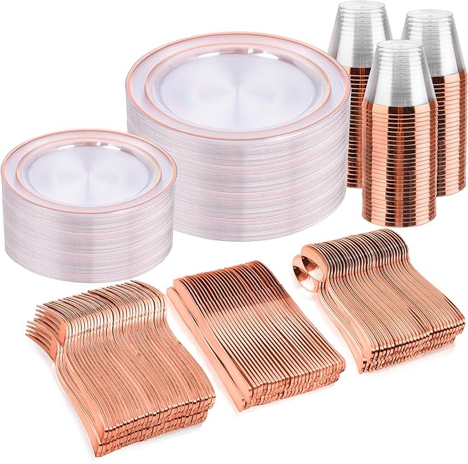 bUCLA 300PCS Rose Gold Plastic Dinnerware - Clear Dinnerware Set Disposable Include 50 Dinner Plates,50 Dessert Plates,50 Knives,50 Forks,50 Spoons,50 Cups for Party, Wedding & Valentines Day