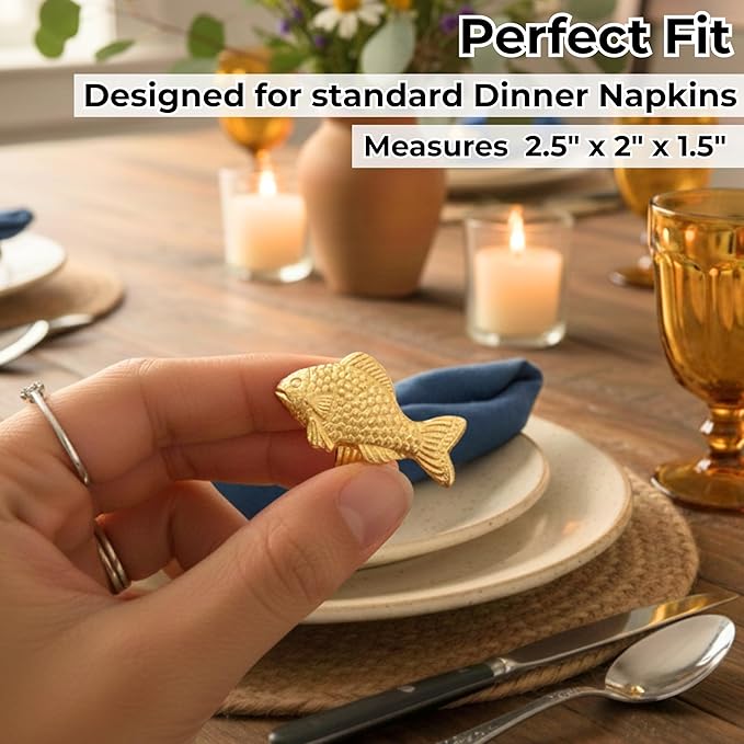 ALPHA Living HOME 12 Pcs Decorative Fish Metal Napkin Ring for Table Settings Napkins Ring for Dining, Anniversary, Birthday, Romantic Dinner, Holiday, Party of Table Setting, Wedding Table (Gold)