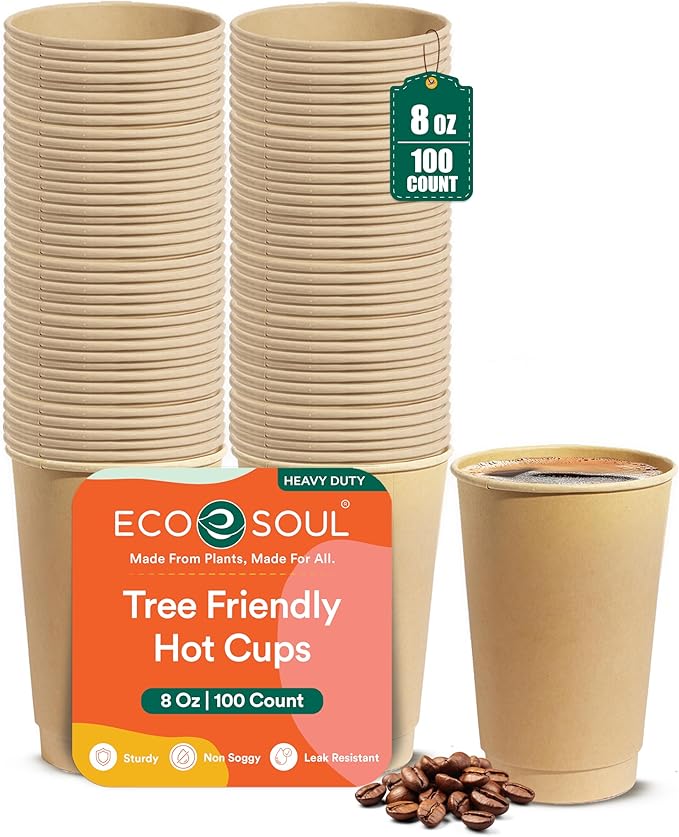 ECO SOUL 100 Pack 8 oz Disposable Coffee Cups Eco-Friendly, Biodegradable, Compostable, Leak-free & Sturdy To Go Hot Drink Travel Bagasse Cup for Tea, Chocolate, Party, Picnic & Cafe, Office & Home