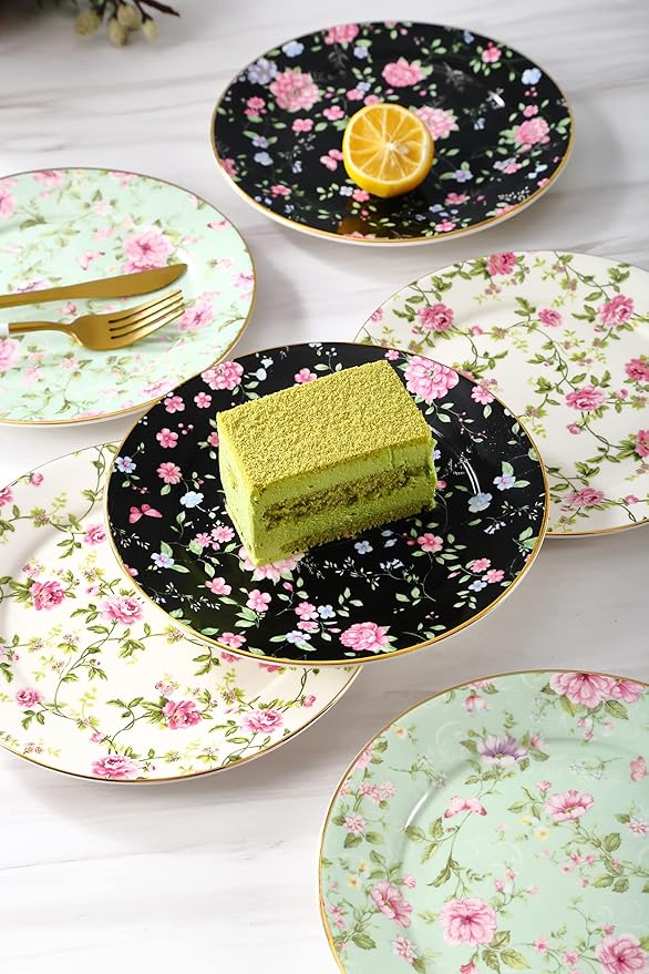 Floral Salad Plates, Set of 6 – 8 Inch Ceramic Appetizer Plates with Gold Trim, Vintage Floral Design for Dessert, Tea Party, Dinner, Decorative Serving