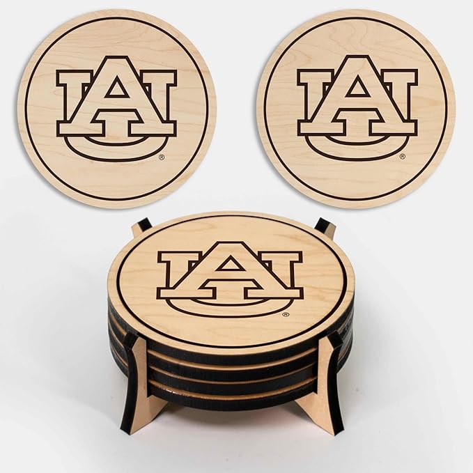 LazerEdge Auburn Tigers Wooden Coaster Set - Maple Wood - Officially Licensed Product - 4-Pack
