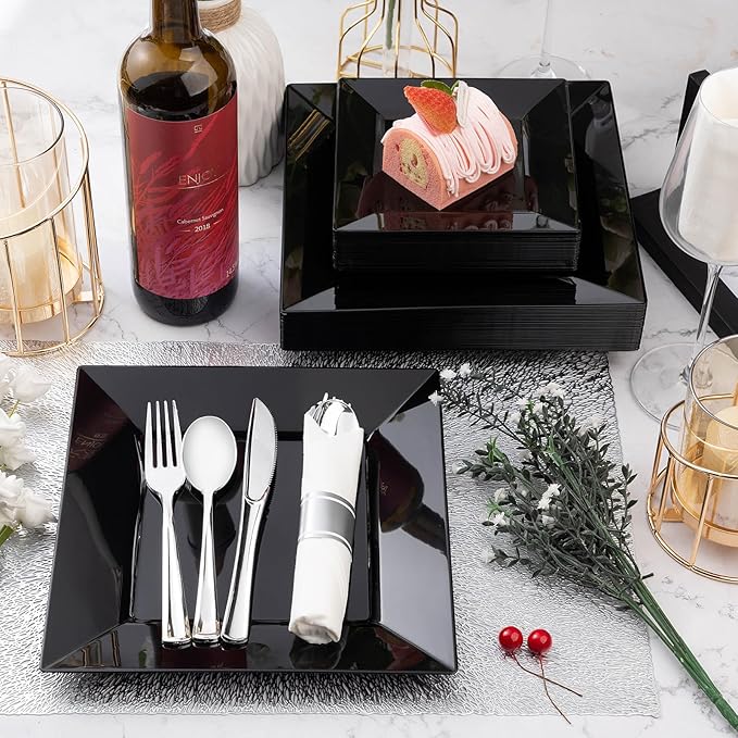 Goodluck 100 Black Pack Disposable Square Plastic Plates, Heavy Duty 50 Dinner Plates 9.5" and 50 Dessert Plates 6.5", Fancy Disposable Plates for Wedding, Holiday Party, Birthday, Halloween
