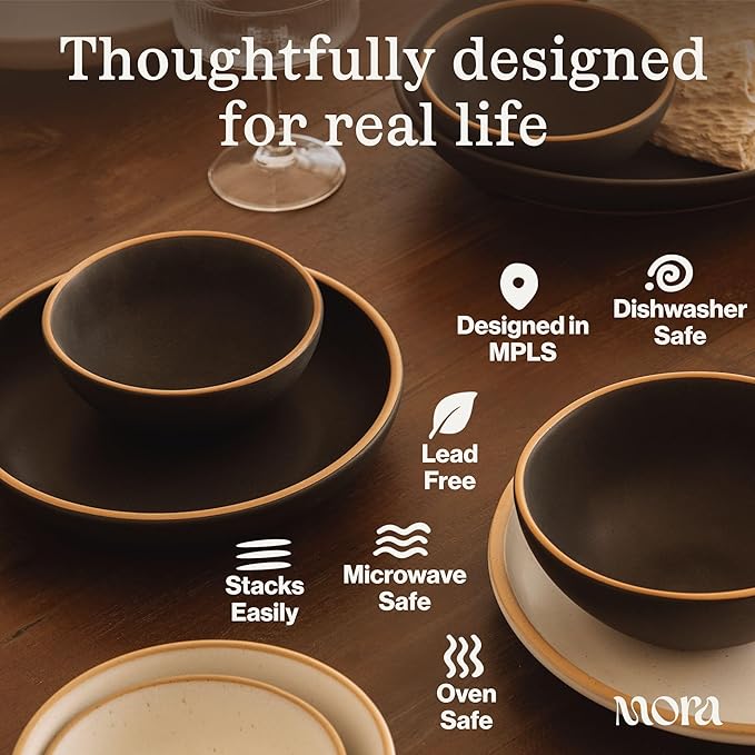 MORA Medium Bowls Set of 4, 28oz Ceramic Pottery Everyday Bowls - Microwave, Oven and Dishwasher Safe - Liquorice