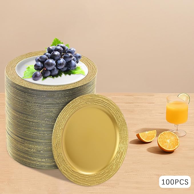 100 PCS Antique Charger Plates Bulk, 13 Inch Round Textured Edge Plastic Dinner Chargers, Bulk Plastic Charger Plates Set for Wedding, Party, Table Decor (Gold)