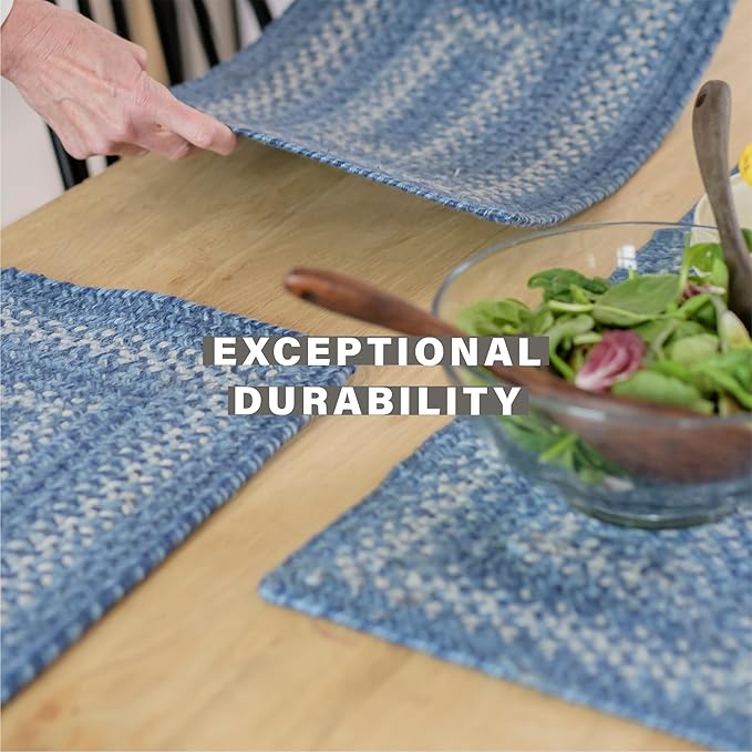 Homespice Denim Jute Braided Oval Placemats, Country Coastal Decor, Set of 6, 13x19 Blue Table Mats - Vibrant Colors, Durable, Easy to Clean and Protects Furniture