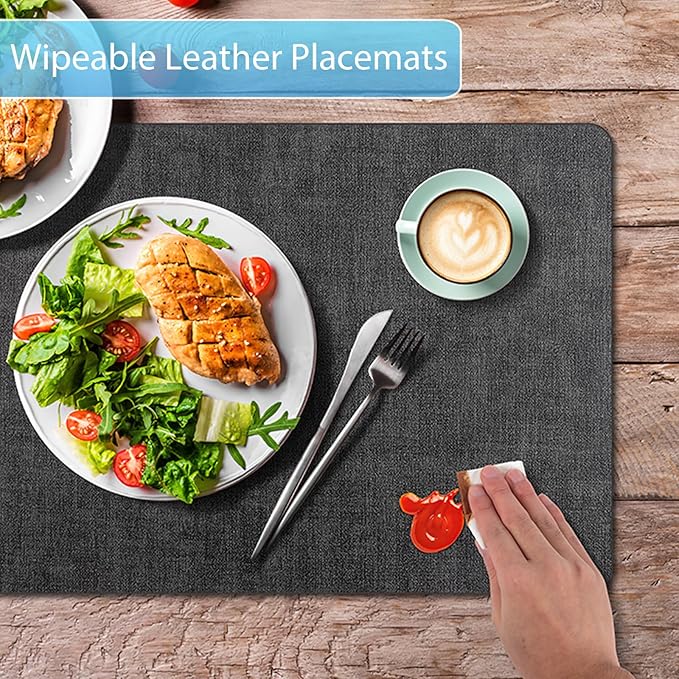Placemats Set of 6 Washable, Heat Resistant Table Placemats Wipeable Faux Leather Place Mats Non Slip, Waterproof Square Table Mats for Indoor Outdoor, Charcoal Gray
