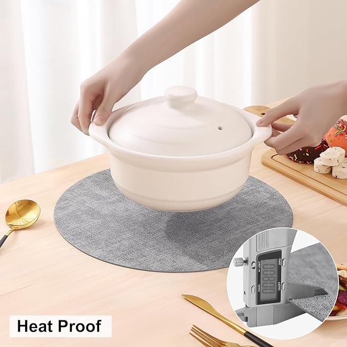 homing Round Faux Leather Placemat and Coaster 4 Packs, Washable Heat Resistant Dining Place Mats, Wipeable Double-Sided Table Mats for Indoor and Outdoor, Diameter 13 and 3.93 inch, Light Grey