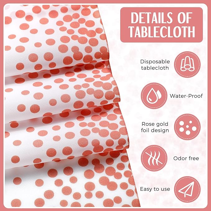 Breling 8 Pack White and Rose Gold Disposable Plastic Tablecloths and Satin Table Runner Set, 54 x 108 Inch Tablecloth, 12 x 108 Inch Table Runners for Wedding Graduation Birthday Baby Shower New Year