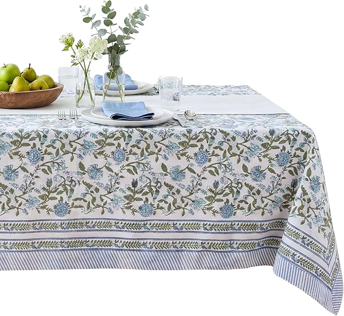 ATOSII Mahoka Blue 100% Cotton Square Fall Tablecloth, Handblock Floral Linen Table Cloth for Kitchen Dining Table I Parties Weddings Outdoors Easter Valentine's Gift I 60 X 60 Inches I 4 Seater