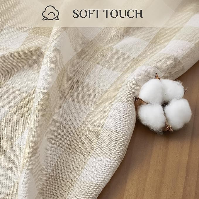 Softalker Checkered Tablecloth Rectangle, Outdoor Linen Cotton Gingham Table Cloth with Tassel, Heavy Duty Wrinkle Free Buffalo Plaid Table Cover for Kitchen Dining Home Party - 55 x 70 Inch, Beige